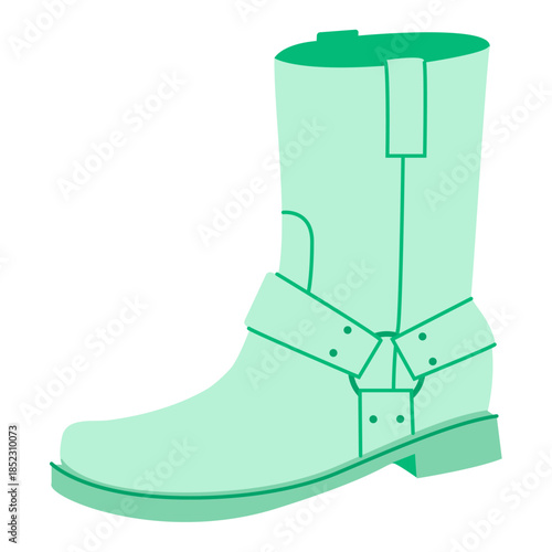 Mint harness western boot women color flat. Strap detail ankle boot for rodeo themed wardrobe and summer looks. Technical fashion illustration CAD mockup smooth vector man unisex isolated trendy style