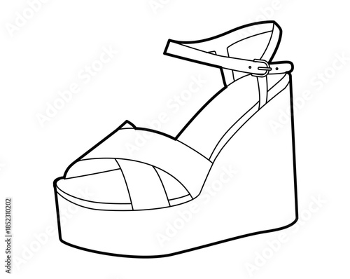 Platform wedge sandal women single sketch shoe. Cross strap ankle buckle summer footwear for vacation, brunch. Technical fashion illustration, CAD mockup, clean vector men unisex isolated casual style