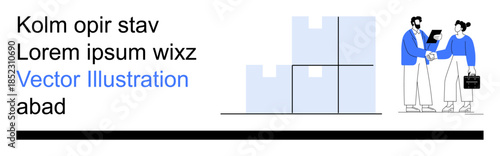 Supply chain, warehouse management, teamwork, logistics, business communication, distribution. Two people in conversation with a stack of boxes. Supply chain and warehouse management related concept