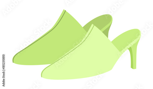 Lime mule shoe women flat pair. Open back mid heel shoe for vacation, daytime event, easy chic wardrobe. Technical fashion illustration, CAD mockup, soft vector men unisex isolated modern style.
