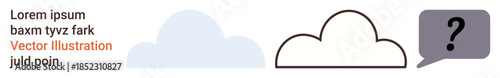 Cloud computing, decision making, options analysis, communication, problem-solving, innovation. Three clouds with varying styles and a speech bubble containing a question mark. Cloud computing