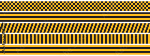 Set of taxi car marking stripes or caution tapes isolated on white background. Black and yellow checkered and striped textures. Forbidden, safety, danger or warning ribbons. Vector flat illustration