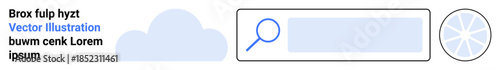 Cloud computing, technology, data analysis, web design, user interface, online services. A cloud, a search bar and an analytics icon. Cloud computing and technology concepts