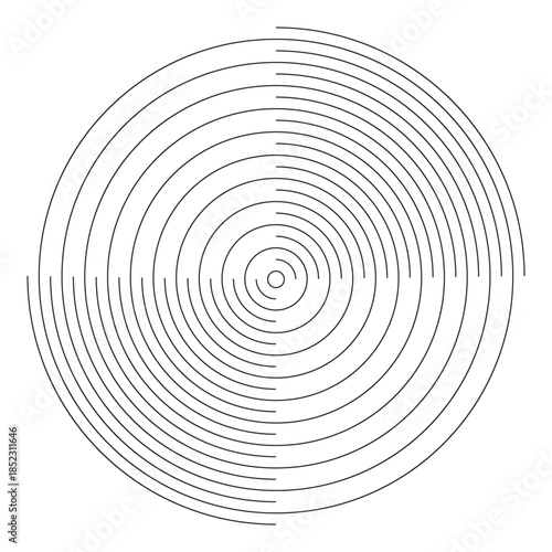 Concentric circles with whole and interrupted lines isolated on white background. Ripple, epicentric or sonic wave, shockwave, vibration or signal signs. Vector graphic illustration