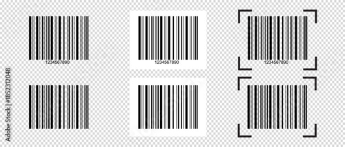Set of barcode stickers. Blank bar code label templates isolated on transparent background. Visual presentation of digital data with product or manufacturer information. Vector graphic illustration