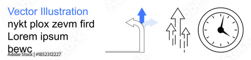 Time management, growth strategies, decision-making, progress tracking, future planning, goal achievement. Arrows pointing up and a clock time and growth. Perfect for time management and growth