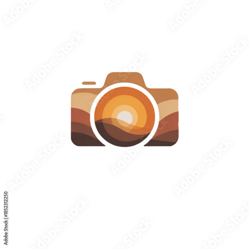 Minimal camera logo icon in warm brown gradient flat design isolated on white background photography studio app symbol lens and shutter concept