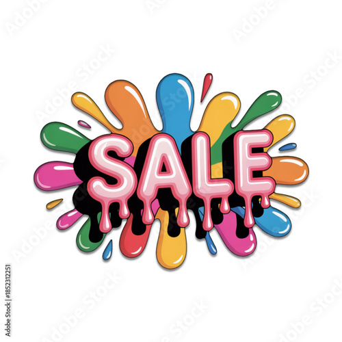 Sale text with bright multicolor paint splash and dripping liquid effect bold promotional sticker for shopping discount clearance marketing banner isolated on white background