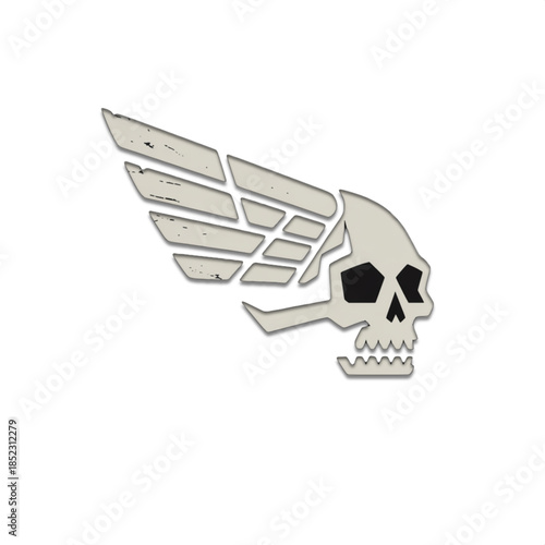Winged skull emblem logo in metallic gray and black with stylized aviation wings biker tattoo badge design isolated on white background
