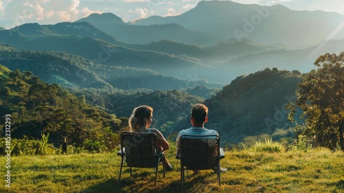 A man and woman sitting in lawn chairs on a mountaintop during sunset.