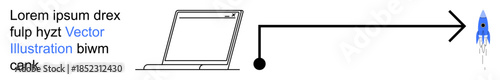 Innovation, growth, digital strategies, technology, progress, startup launches. A laptop connected to a line and arrow pointing to a rocket. Innovation and growth concepts for modern developments