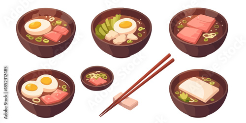 Sammlung verschiedener japanischer Ramen-Schalen mit Eiern, Fleisch und Essstäbchen auf transparentem Hintergrund.