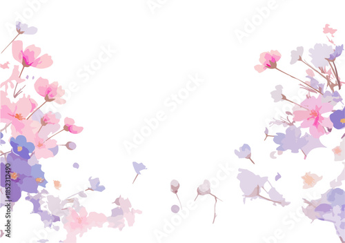 Zarte rosa und violette Blumenarrangements in Aquarelloptik mit transparentem Hintergrund für Dekoration.