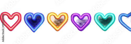 Bunte Neon-Herz-Symbole in leuchtenden Farben als transparente Grafik-Ressource für Liebe und Romantik.