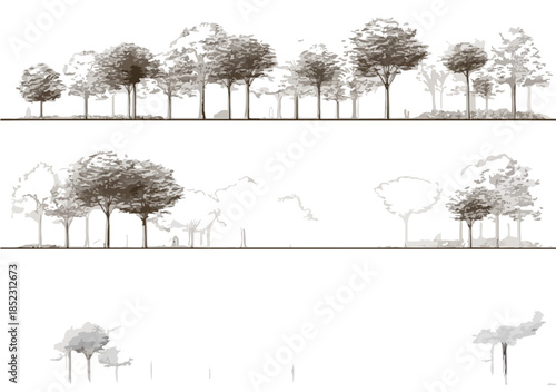 Detaillierte, freigestellte Baumzeichnungen in verschiedenen Stilen für Architekturvisualisierungen und Landschaftsdesign.