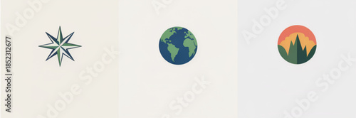 Simple nature icon set with compass globe and sunset representing exploration travel direction earth awareness and minimalist symbolic design