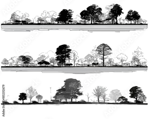 Drei Silhouetten-Set von Bäumen und Waldrändern als Schwarz-Weiß-Vektor-Grafiken mit transparentem Hintergrund.