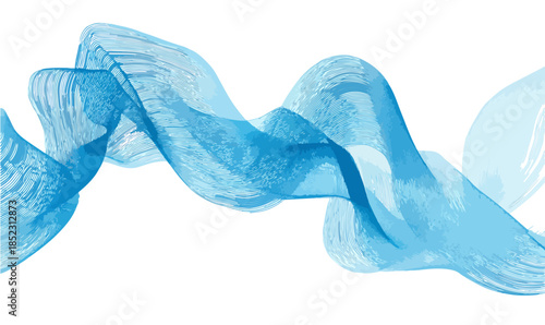 Abstrakte blaue Wellenform oder fließendes Band mit transparentem Pinselstrich-Effekt auf weißem Hintergrund.