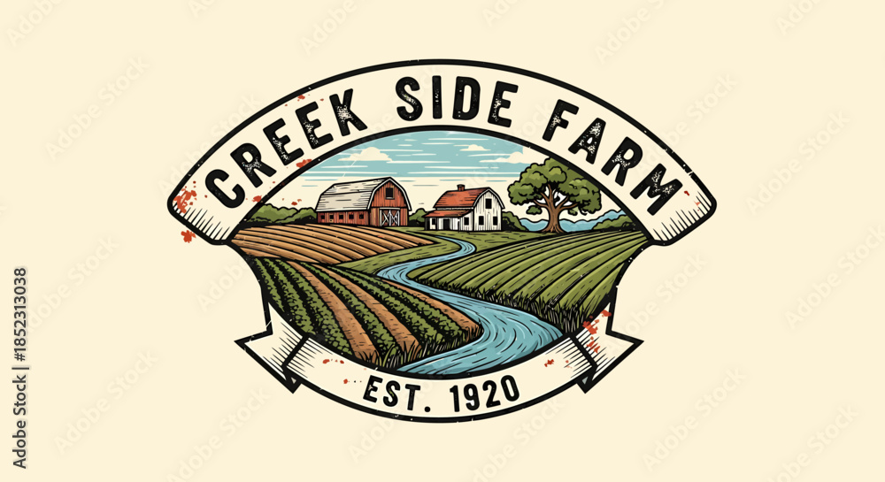Fototapeta premium Logo Design Featuring Farm Landscape, Creek, Barns, and Fields in Vintage Style for Agriculture Branding