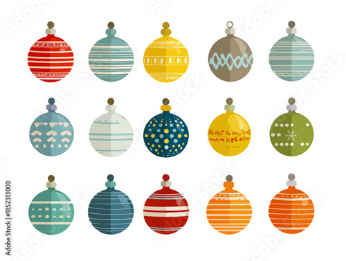 Bunte Sammlung verschiedener Weihnachtskugeln mit Mustern auf transparentem Hintergrund für festliche Dekoration.