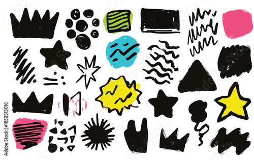 Bunte Sammlung handgezeichneter abstrakter Formen, Symbole und Kritzeleien mit transparentem Hintergrund.