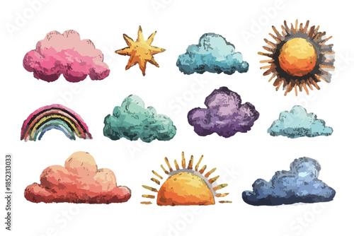 Bunte Aquarell-Wetterelemente mit Sonne, Wolken und Regenbogen auf weißem Hintergrund.