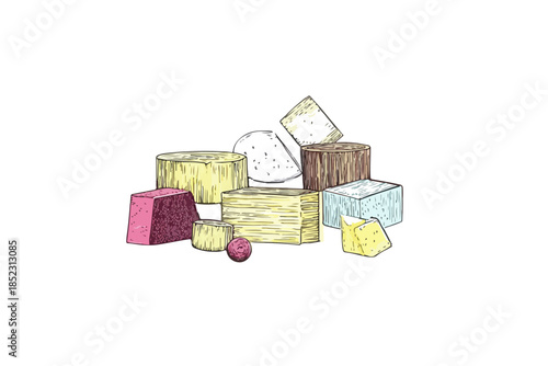 Handgezeichnete Illustration verschiedener Käsesorten als Stapel mit transparentem Hintergrund.