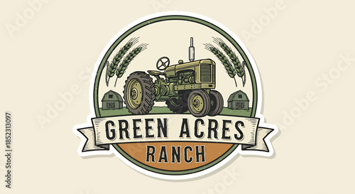 Vintage Tractor Emblem with Wheat and Farm Banner Illustration, Rustic Ranch Logo Design, Retro Agriculture Graphic