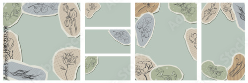 Floral torn paper frames set with botanical line art backgrounds. Social media post templates with torn paper texture. Layouts for beauty, cosmetics, makeup, fashion content.