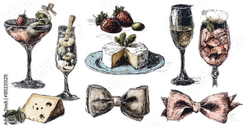 Handgezeichnete Skizzen von Cocktails, Käse, Erdbeeren und Fliegen für eine elegante Feier mit transparentem Hintergrund.