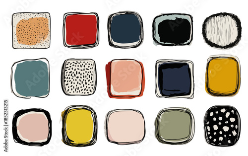 Abstrakte, handgezeichnete, bunte quadratische Formen mit abgerundeten Ecken auf weißem Hintergrund.