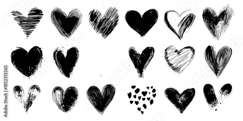 Sammlung verschiedener schwarz-weißter, handgezeichneter Herz-Symbole mit transparentem Hintergrund.