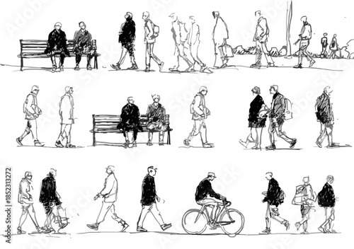 Skizzen von Menschen in Bewegung und sitzend, ideal für Architekturvisualisierungen mit transparentem Hintergrund.