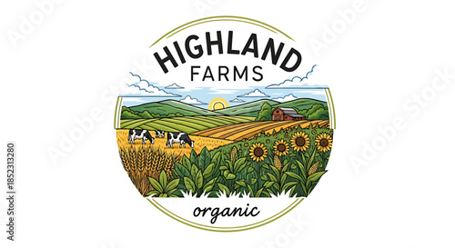 Organic Farm Landscape Illustration with Sunflowers, Cows, Rolling Hills, and Clear Skies in Rural Environment
