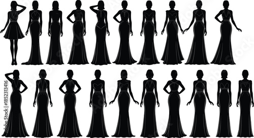 Elegant black silhouette collection of women in formal evening gowns, showcasing diverse fashion styles, poses, dress cuts, and design elements