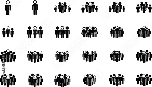 Group, people, silhouette, icon, team, community, family, crowd, children, adults, demographic, social, society, unity, diversity, population, design, illustration, concept, black, white