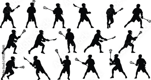 Lacrosse, silhouette, player, sport, helmet, stick, running, defending, throwing, action, dynamic, posture, movement, team, competition, athletic, training, exercise, illustration, concept, 