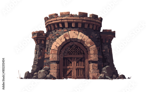 Mittelalterlicher runder Steinturm mit gotischem Holztor und Zinnen, isoliert auf Weiß.