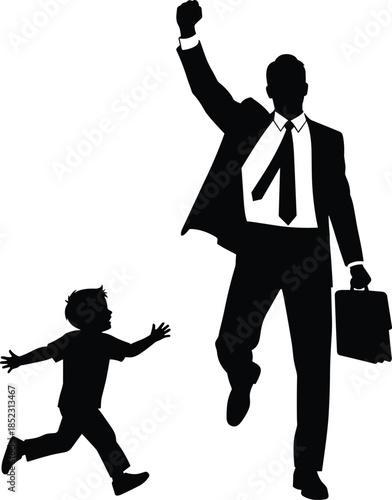 Silhouette, adult, child, reunion, family, parent, briefcase, business, suit, triumphant, gesture, running, arms, joy, celebration, love, relationship, emotion, illustration, concept, art