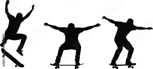 Skateboarding, silhouette, trick, jump, landing, balance, motion, sport, athlete, skateboard, posture, action, dynamic, freestyle, urban, lifestyle, design, illustration, concept, black, white, art