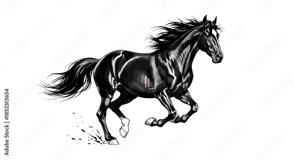 Obraz premium Running Black Horse Illustration in Dynamic Motion on White Background, Detailed Graphic Artwork, Side View Concept