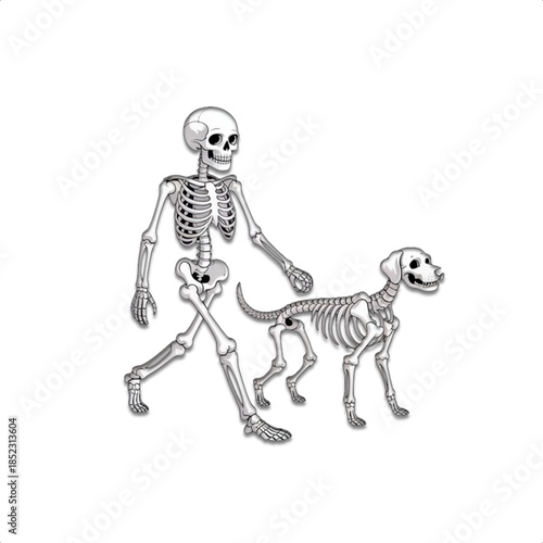 Skeleton walking a skeleton dog on leash isolated on white background humorous halloween concept spooky pet owner character illustration