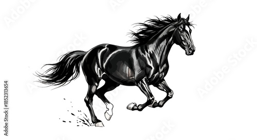 Running Black Horse Illustration in Dynamic Motion on White Background, Detailed Graphic Artwork, Side View Concept