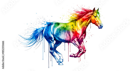 Running colorful horse artwork, dynamic animal illustration, abstract nature concept, vivid paint splashes, creative graphic design viewpoint