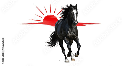 Running Black Horse Silhouette with Rising Red Sun Background, Dynamic Animal Illustration, Graphic Art Design Perspective