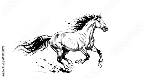 Galloping Horse Illustration, Dynamic Animal Artwork, Black and White Graphic Design, Energetic Movement, Artistic Viewpoint