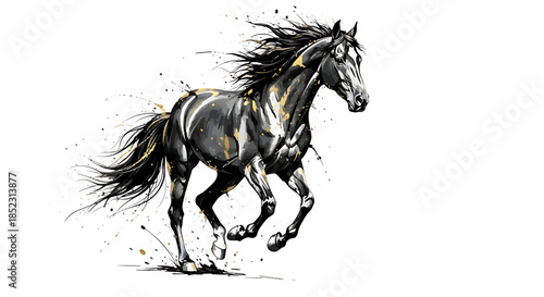 Galloping Black Horse Illustration, Dynamic Animal Artwork, Studio View, Artistic Graphic Design Concept