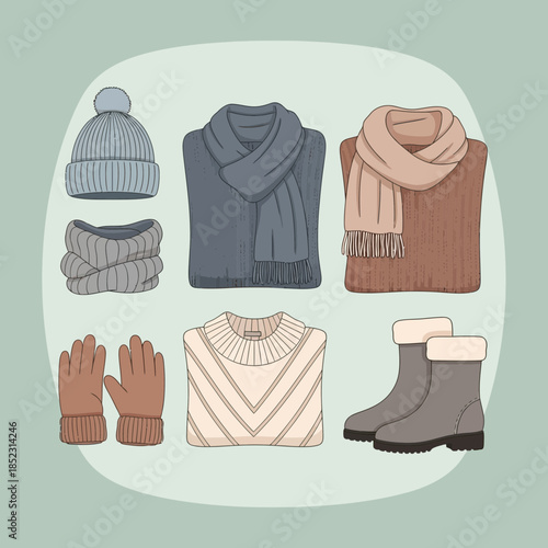 Warm winter clothing set including hats scarves gloves sweaters and boots for cold weather fashion