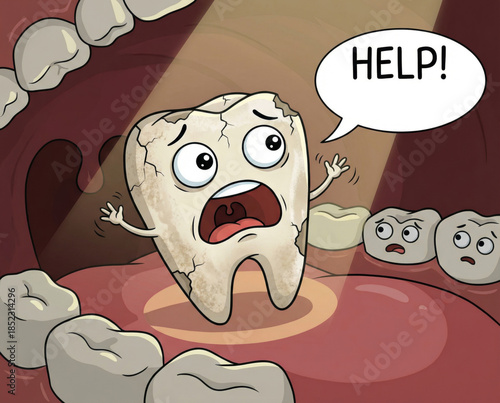 cartoon tooth looks scared and shouts for help while surrounded by other teeth in a giant mouth. The scene shows a funny dental situation with a colorful cartoon style.
