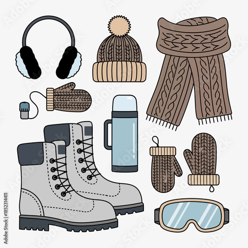 Winter outdoor gear collection including boots, gloves, scarf, and accessories for cold weather